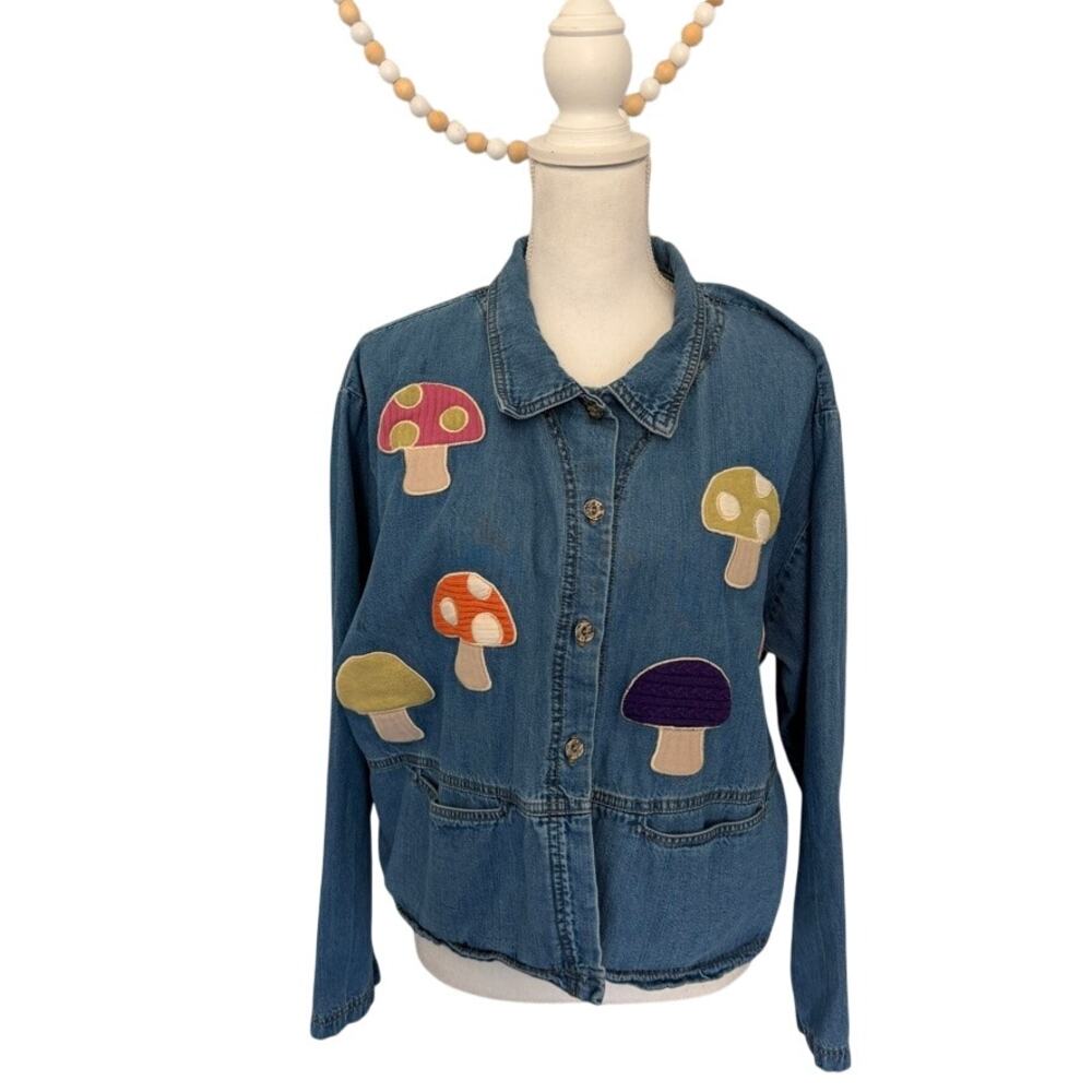 Vintage Amanda Gray Mushroom Print Chambray Shacket Tencel L